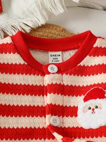SHEIN 2pcs Baby Girls Cardigan Pants Cute Sweet Red White Striped Santa Applique Long Sleeve Round Neck Christmas Party Winter Christmas Jumper Button Front - Red - View 7