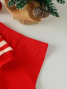 SHEIN 2pcs Baby Girls Cardigan Pants Cute Sweet Red White Striped Santa Applique Long Sleeve Round Neck Christmas Party Winter Christmas Jumper Button Front - Red - View 5