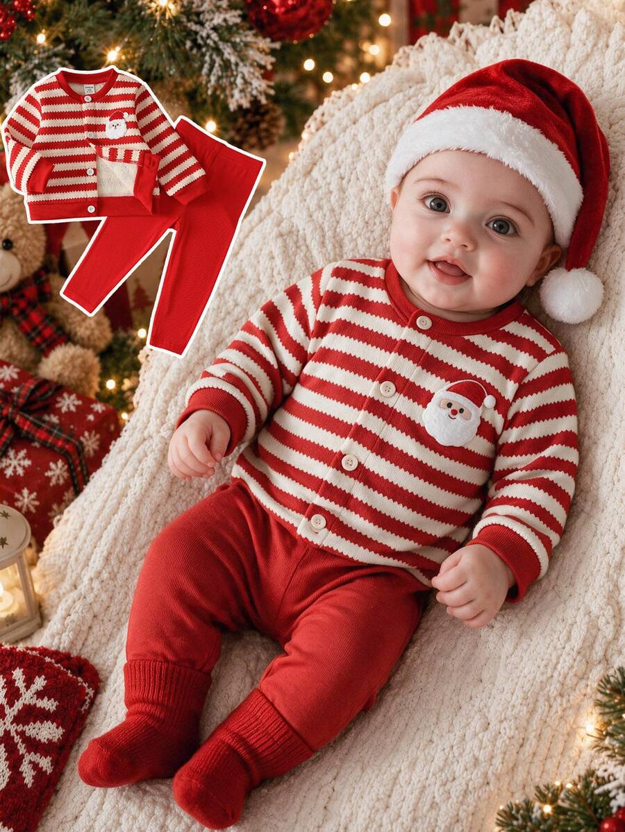 SHEIN 2pcs Baby Girls Cardigan Pants Cute Sweet Red White Striped Santa Applique Long Sleeve Round Neck Christmas Party Winter Christmas Jumper Button Front - Red - View 1