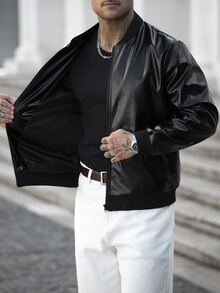 Manfinity CasualCool جاكيت جلد أسود سادة كاجوال للرجال الناضجين، الخيار الأفضل كهدية للعطلات - الأسود - مشاهدة 6