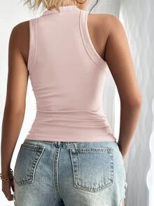SHEIN Women's Summer Solid Color Round Neck Casual Tank Top - Dusty Pink - View 2