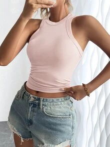 SHEIN Women's Summer Solid Color Round Neck Casual Tank Top - Dusty Pink - View 5