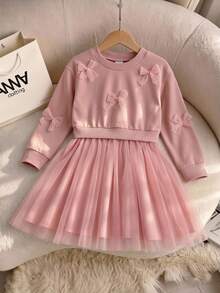 SHEIN Girls' Single Piece Bow Decor Round Neck Long Sleeve Mesh Hem Dress Fairy Princess Fall Matching Mommy Daughter Pink 3rd Birthday Baby Shower - Pink - View 3