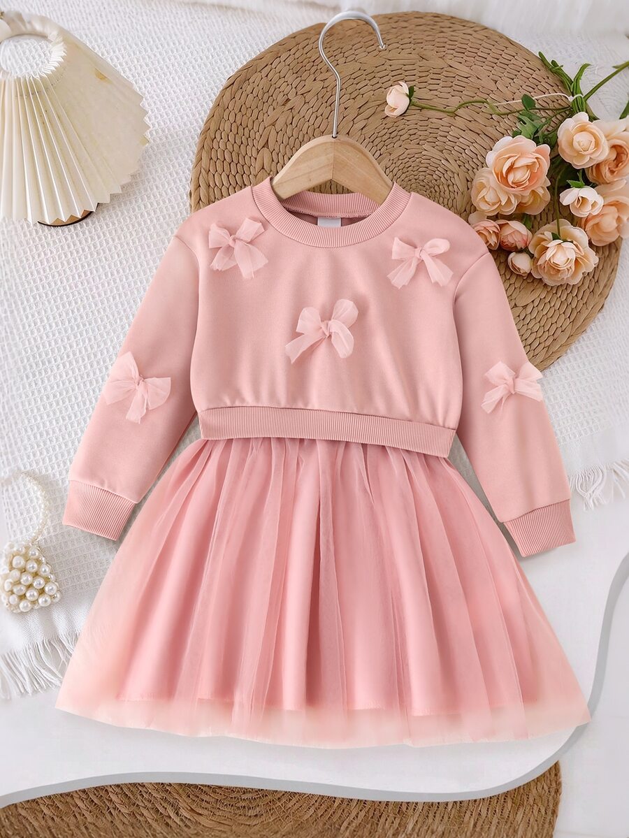 SHEIN Girls' Single Piece Bow Decor Round Neck Long Sleeve Mesh Hem Dress Fairy Princess Fall Matching Mommy Daughter Pink 3rd Birthday Baby Shower - Pink - View 1