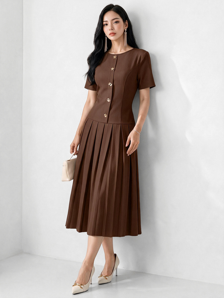 Heiryn Solid Button Front Pleated Hem Dress Button Dress Coffee Brown Dress Tea Party Office Summer Vintage Elegant - Rust Brown - View 5