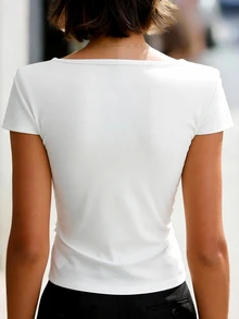 EMERY ROSE Women's Solid Color Elegant V-Neck Criss-Cross Cap Sleeve T-Shirt - White - View 2