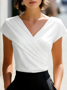 EMERY ROSE Women's Solid Color Elegant V-Neck Criss-Cross Cap Sleeve T-Shirt - White - View 3