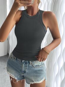 SHEIN Women's Casual Commuting Minimalist Solid Color Ribbed Knit Fitted Tank Top, Summer - Dark Grey - View 5