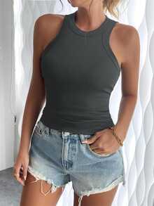 SHEIN Women's Casual Commuting Minimalist Solid Color Ribbed Knit Fitted Tank Top, Summer - Dark Grey - View 7