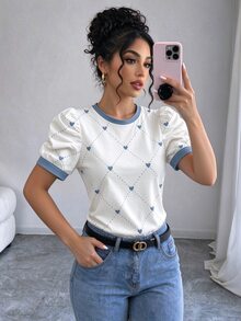 Rafferiza 女款愛心波點圖案極簡對比色上衣，圓領泡泡袖短袖T恤，適合休閒日常穿著 - 藍色 - 查看 1