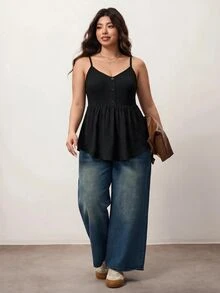 Enliva Plus Size Women's Black Textured Fabric Casual Everyday Camisole Apple,Rounded Body - Black - View 7