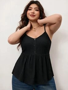 Enliva Plus Size Women's Black Textured Fabric Casual Everyday Camisole Apple,Rounded Body - Black - View 3