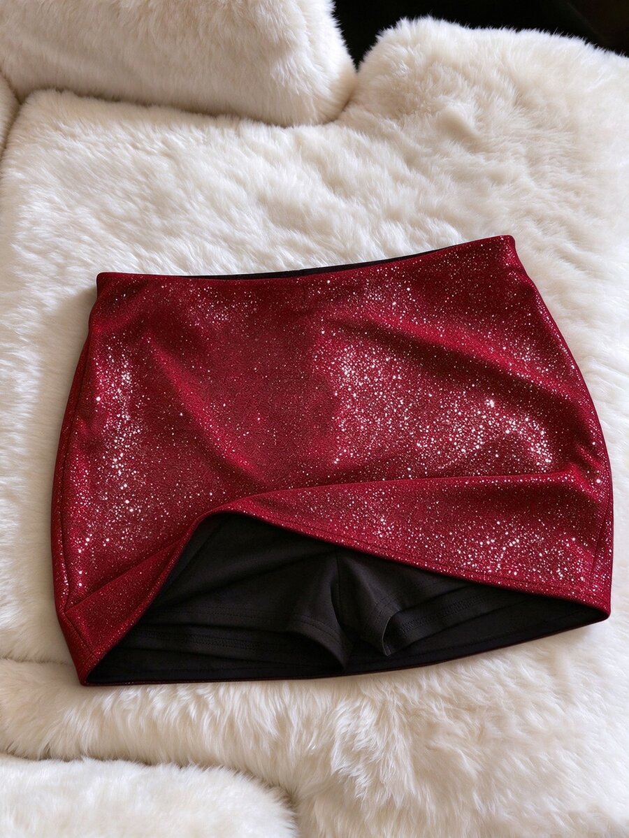 Franclia Burgundy Shiny High Waist Mini Skirt For Women, Anti-Exposure Lining Bodycon A-Line Skirt For Party And Banquet - Burgundy - View 1