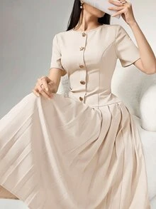 Heiryn 优雅通勤不对称搭扣褶裥女式连衣裙 - 杏色 - 查看 7