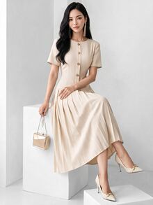 Heiryn 优雅通勤不对称搭扣褶裥女式连衣裙 - 杏色 - 查看 5