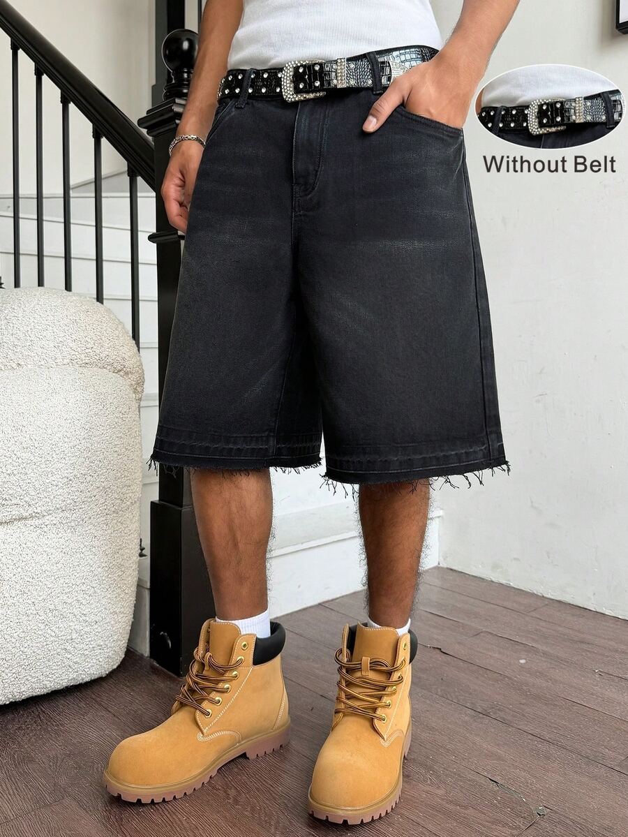 VOXRYNE Men's Casual Street Style Distressed Wide Leg Denim Shorts - Black - View 1