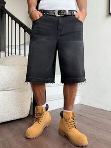 VOXRYNE Men's Casual Street Style Distressed Wide Leg Denim Shorts - Black - View 7