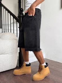 VOXRYNE Men's Casual Street Style Distressed Wide Leg Denim Shorts - Black - View 5