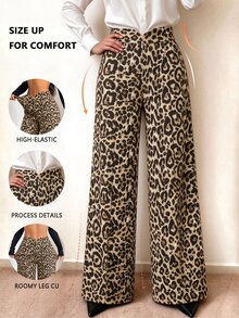 Rafferiza Women New Year Leopard Print Wide Leg Pants, High Waist V Notch Waist Flared Trousers, Elegant Flowy Leopard Holiday Pants For Party And Daily Outfit - Multicolor - View 1