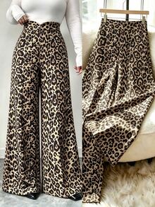 Rafferiza Women New Year Leopard Print Wide Leg Pants, High Waist V Notch Waist Flared Trousers, Elegant Flowy Leopard Holiday Pants For Party And Daily Outfit - Multicolor - View 4