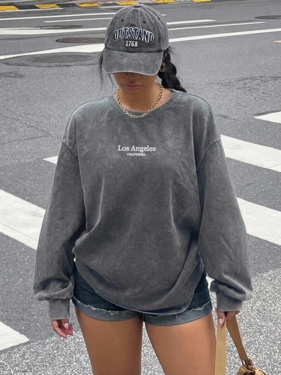 Muchica Plus Size Vintage Knit Long Sleeve Sweatshirt, Acid Wash Distressed Style With Loose Fit, Suitable For Autumn/Winter Wear Fall - Light Grey - View 1