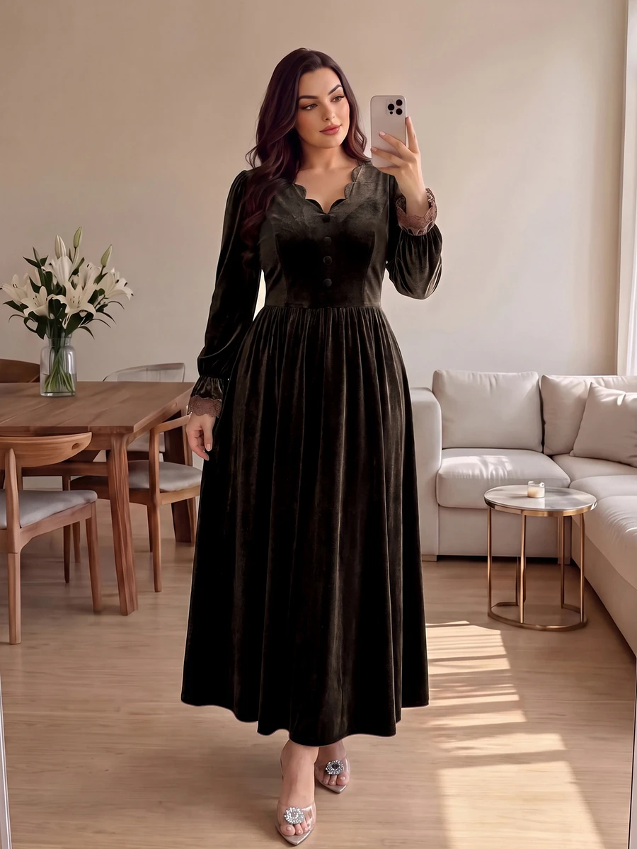 Cirelune Plus Size Women's Brown Velvet Long Sleeve Button-Up Lace Trim Cinched Waist A-Line Elegant Romantic Dress