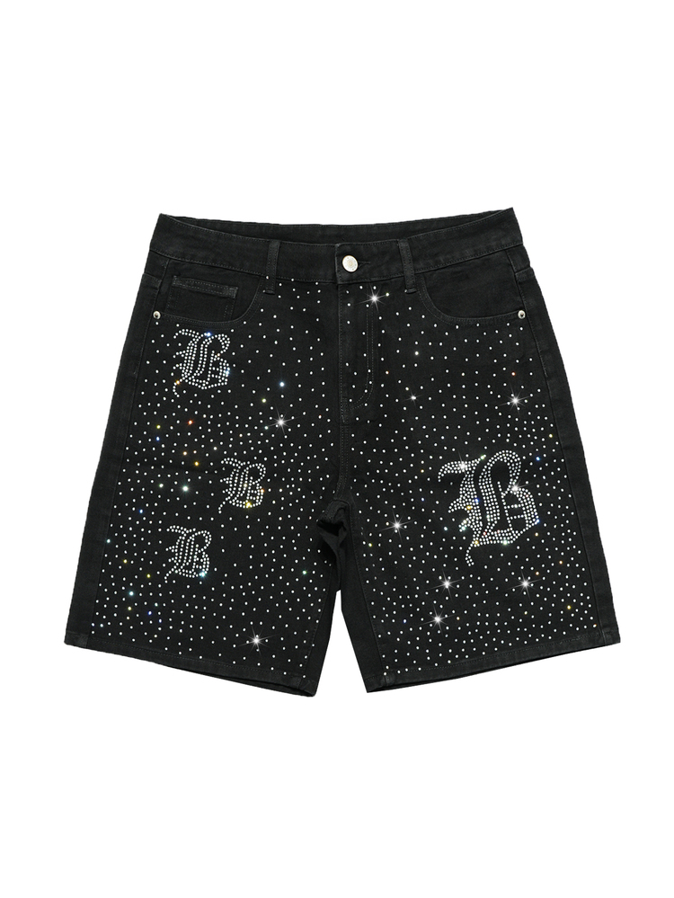 RHETRK Men's American Street Hip Hop Gothic Style Rhinestone Embellished Washed Black Denim Shorts, Suitable For Party And Casual Wear - Black - View 8