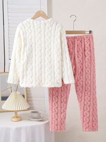 SHEIN 2pcs Girls Plush Jacquard Crew Neck Long Sleeve Top And Pants Pajama Set With Bear Letter Pattern Comfortable Autumn White Light Pink Cute - Multicolor - View 2
