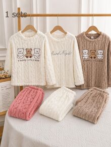 SHEIN 2pcs Girls Plush Jacquard Crew Neck Long Sleeve Top And Pants Pajama Set With Bear Letter Pattern Comfortable Autumn White Light Pink Cute - Multicolor - View 1