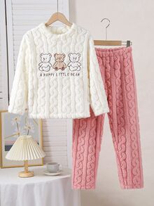 SHEIN 2pcs Girls Plush Jacquard Crew Neck Long Sleeve Top And Pants Pajama Set With Bear Letter Pattern Comfortable Autumn White Light Pink Cute - Multicolor - View 6