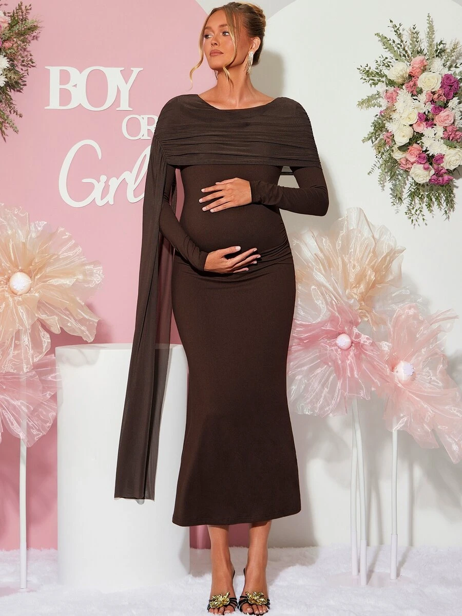 Loomaby Maternity Solid Color Pleated Ribbon Design Slim Fit Elegant Dress,Gender Reveal Dress,Maternity Dress,Baby Shower Dress Fall - Brown - View 1