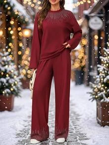 EMERY ROSE طقم نسائي من قطعتين شتوي ببلوزة طويلة الأكمام مطبوعة بنقشة أحجار الراين وبنطال، ملابس عيد الميلاد للنساء - الأحمر - مشاهدة 4