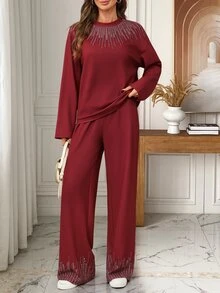 EMERY ROSE طقم نسائي من قطعتين شتوي ببلوزة طويلة الأكمام مطبوعة بنقشة أحجار الراين وبنطال، ملابس عيد الميلاد للنساء - الأحمر - مشاهدة 9