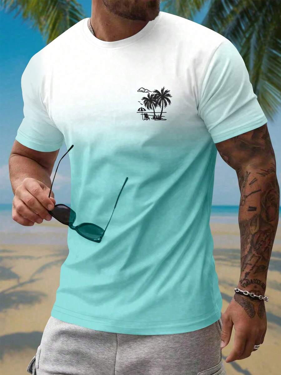 Genlund Men Palm Tree Printed Short Sleeve Casual Vacation T-Shirt, ForGoing Out, For Husband Beach Wear Men - Mint Green - View 1