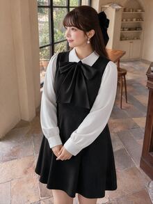 Bijouette Plus Size Women's Tie Neck Casual Party Summer Dress - Black and White - View 4