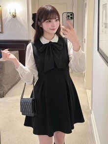Bijouette Plus Size Women's Tie Neck Casual Party Summer Dress - Black and White - View 11