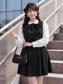 Bijouette Plus Size Women's Tie Neck Casual Party Summer Dress - Black and White - View 8