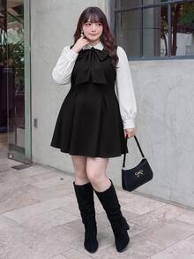Bijouette Plus Size Women's Tie Neck Casual Party Summer Dress - Black and White - View 6