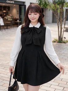 Bijouette Plus Size Women's Tie Neck Casual Party Summer Dress - Black and White - View 15