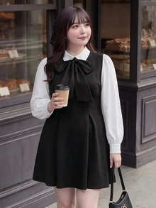 Bijouette Plus Size Women's Tie Neck Casual Party Summer Dress - Black and White - View 7