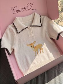 CovetEZ 90s Retro Back-To-School Apricot Animal Print Forest Deer Knitted Polo Short Sleeve Top,Cute Contrast Shell Edge Striped Knit For Summer,Picnic School - Multicolor - View 6