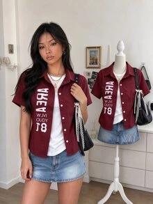 IslaSuriya Women's Letter Print Short Sleeve Single-Breasted Casual Shirt - Burgundy - View 3
