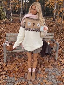 CovetEZ Women's Cartoon Bear Round Neck Raglan Long Sleeve Casual Sweater - Mustard Yellow - View 5
