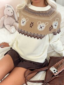 CovetEZ Women's Cartoon Bear Round Neck Raglan Long Sleeve Casual Sweater - Mustard Yellow - View 4