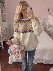 CovetEZ Women's Cartoon Bear Round Neck Raglan Long Sleeve Casual Sweater - Mustard Yellow - View 8