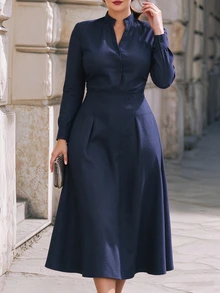 SHEIN LUNE CURVE Women's Plus Size Elegant Commuter Waist-Cinching Long Sleeve A-Line Dress Fall - Navy Blue - View 6