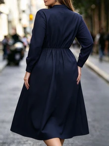 SHEIN LUNE CURVE Women's Plus Size Elegant Commuter Waist-Cinching Long Sleeve A-Line Dress Fall - Navy Blue - View 2