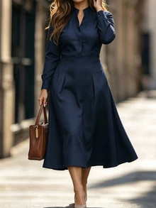 SHEIN LUNE CURVE Women's Plus Size Elegant Commuter Waist-Cinching Long Sleeve A-Line Dress Fall - Navy Blue - View 7
