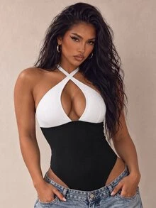 SHEIN Swim Solid Color Spaghetti Strap Black & White Splice High-Cut One-Piece Swimsuit, Beach Summer Outfits For Women - Black and White - View 1