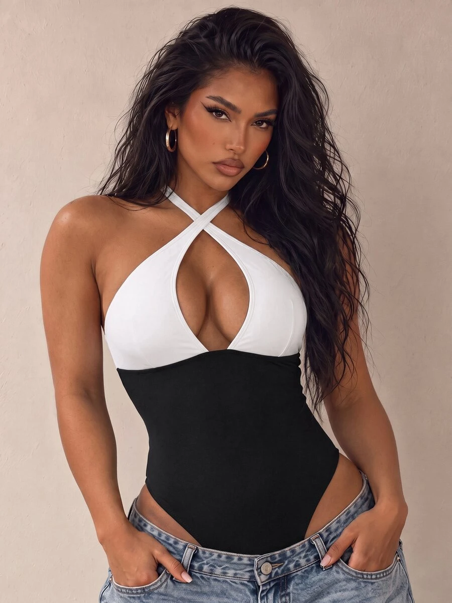 SHEIN Swim Solid Color Spaghetti Strap Black & White Splice High-Cut One-Piece Swimsuit, Beach Summer Outfits For Women - Black and White - View 1